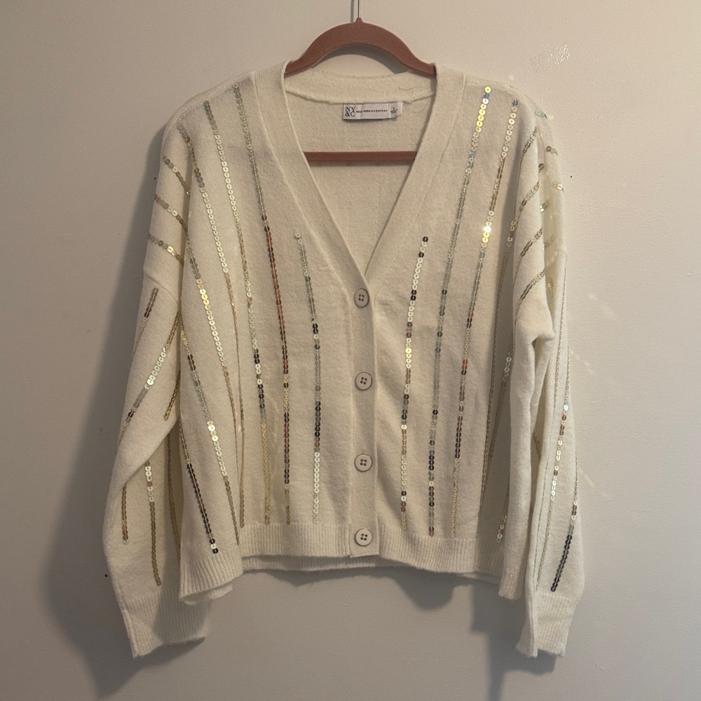 New York & Company Sweater, Cardigan, Sequin, Size Large